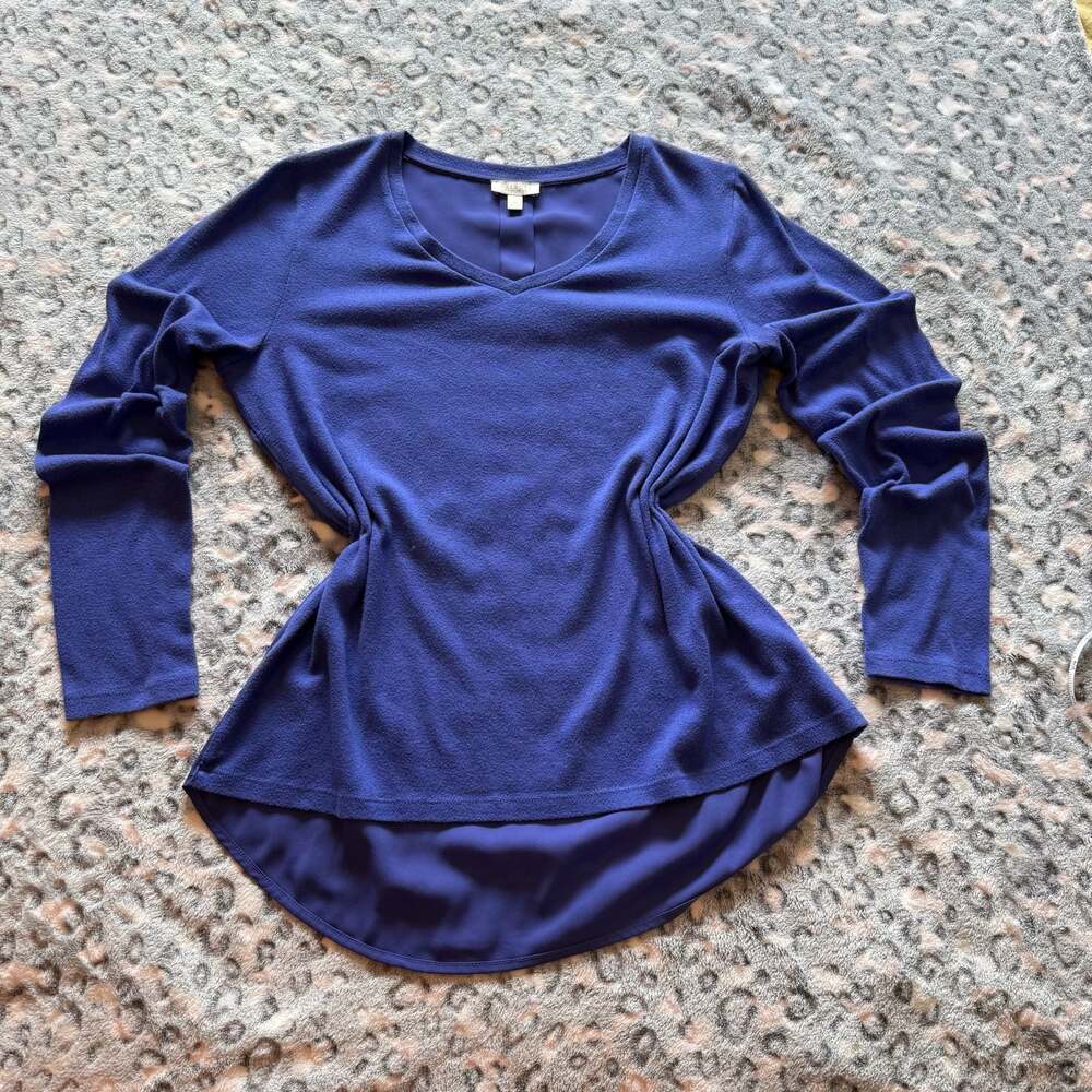 Talbots Petite V-Neck Long Sleeve Mixed Media Top Blue SP